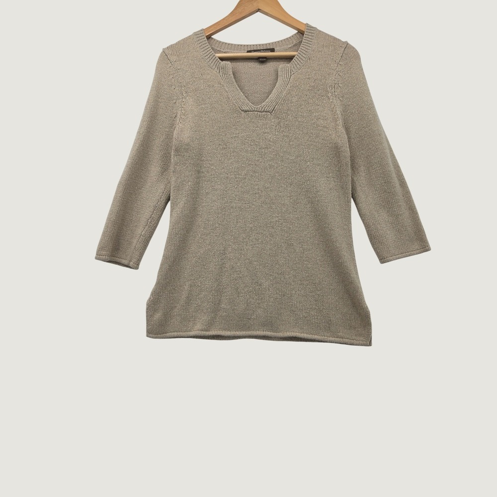 Tommy Bahama Metallic Gold Knit Wool Blend Sweater Beige V-Neck 3/4 Sleeve Med